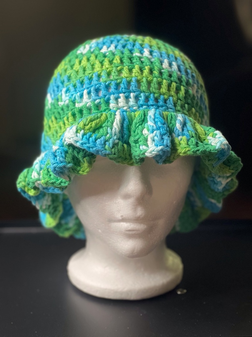 Handmade Crochet Ruffled Sun Hat in Blue, Green & White
